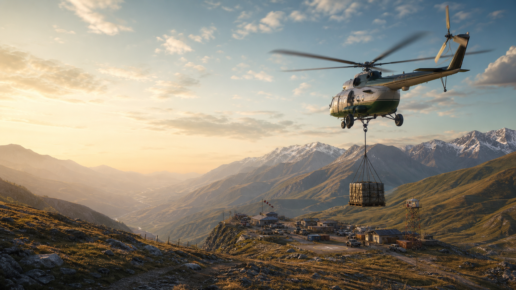 A helicopter carrying supplies through the mountains. A helicopter carrying supplies through the mountains.