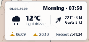 The weather widget with time of day, wind, sun times and restart countdown. The weather widget with time of day, wind, sun times and restart countdown.